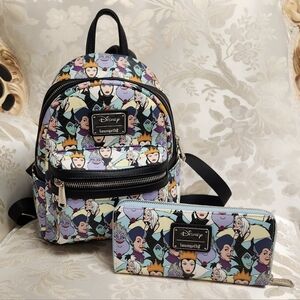 Loungefly Disney Villians maleficient  Cruella AOP Mini Backpack + Wallet